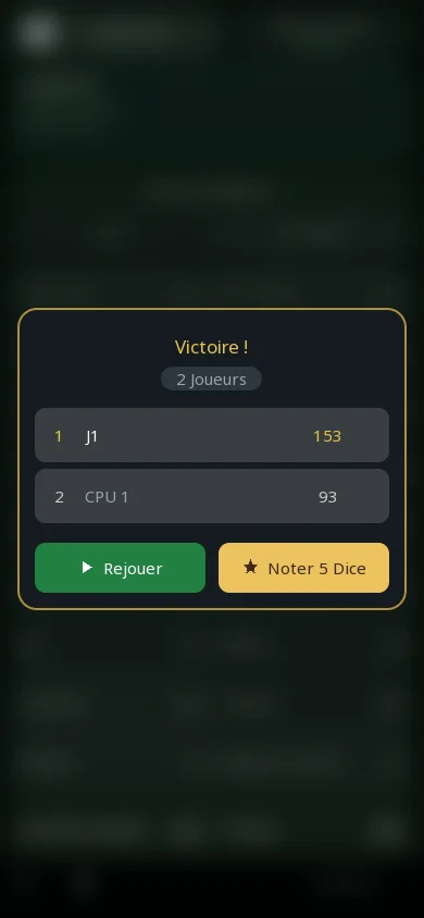 Fin d’une partie : la fenêtre « Victoire ! » avec le classement final des deux joueurs et les boutons Rejouer et Noter.